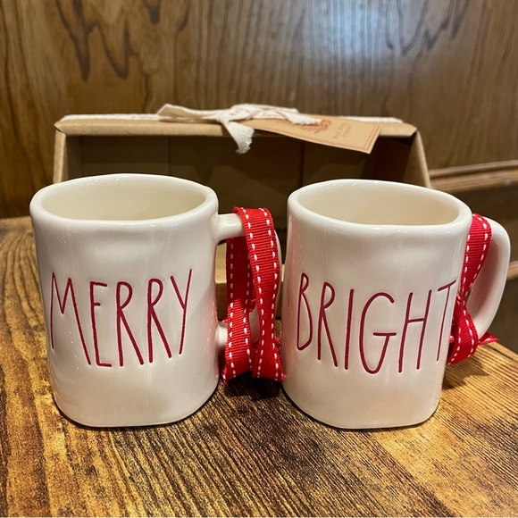 Rae Dunn Red Lettering Merry & Bright White Ceramic Mug Christmas Ornaments NEW! - Picture 4 of 8